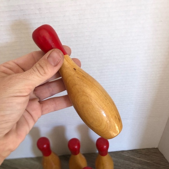 Classic Wooden Five Pin Bowling Set with Red Accents - Picture 5 of 11